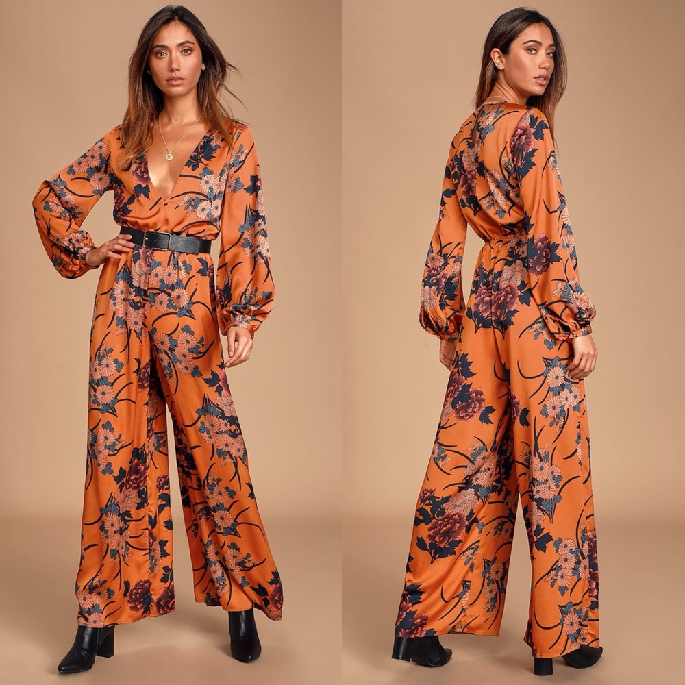 Lulus | Love So Pure Orange Floral Print Satin Wide-Leg Jumpsuit